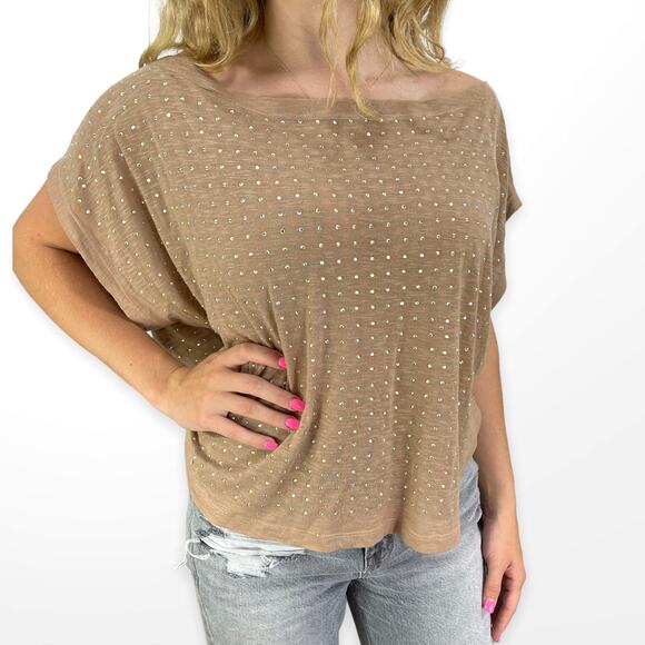 00s WESSEX Vintage Brown Jewel Embellished Off Shoulder Short Dolman Sleeve Top - Picture 5 of 7